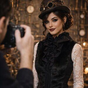 Gothic/Steampunk Black Fur Ruffled Top/Vest